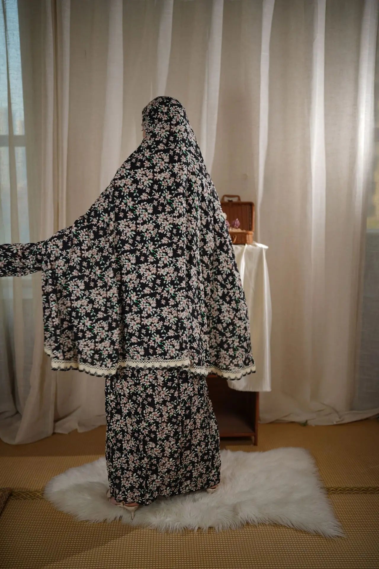Muslim Outfits Two Pieces Prayer Flower Print Long Hooded Shirts Hijab Maxi Skirt Women Skirts Sets Ramadan Morocco musulman