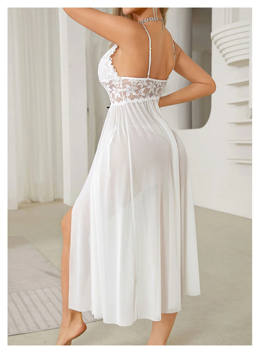Women Sexy Floral Lace Mesh Nightgown V-Neck Sleeveless High Slit Backless Slip Dress with Bowknot Suspender Lingerie Sleepwear