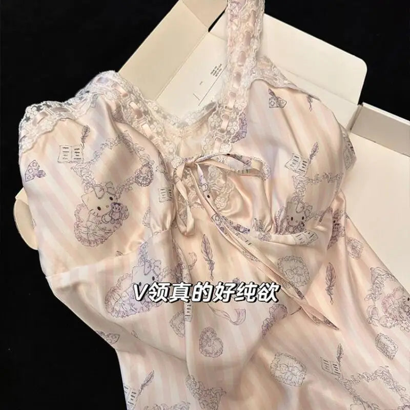 Sanrios Suspenders Nightgown Hello Kittys Ice Silk Pajamas Loose Clothes Simple Trendy Thin Printed Skirt Creative Hot Selling