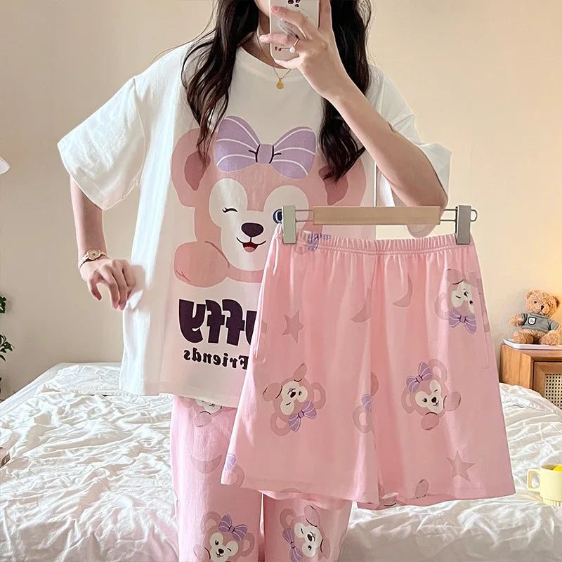Summer Women's Round Neck Pajama Set Three Piece Short Sleeve+Shorts+Pants Cartoon Home Clothes Set