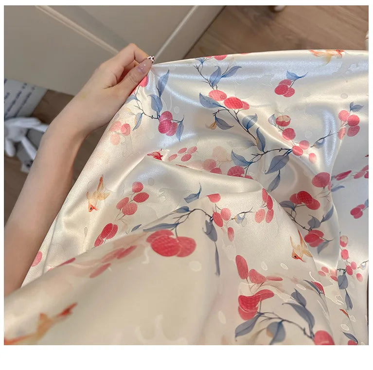Ice Silk Satin Pajamas Women's Korean Summer Nightgown with Chest Pads Sweet Lace Ruffle Sleeved Long Dress Floral Loungewear