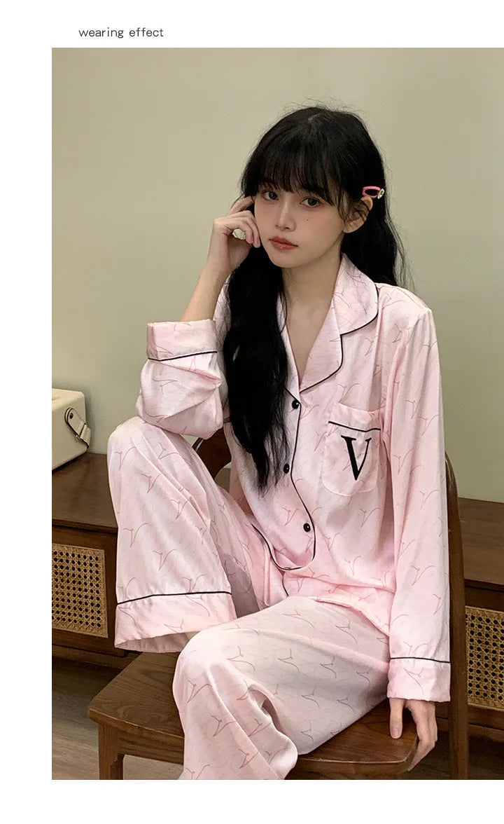Elegant Silk Satin Women Pajamas Set Lounge Wear Sexy Lingerie Long Sleeve Trouser Pijamas Suit Loose Casual Sleepwear Homewear