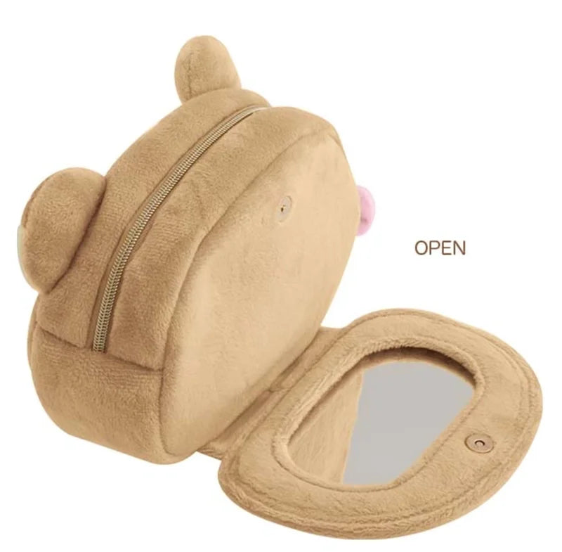 Rilakkuma Korilakkuma Bow Plush Makeup Bag With Mirror Storage Organizer Anime Bear Kawaii Cute Travel Cosmetic Bag Pouch