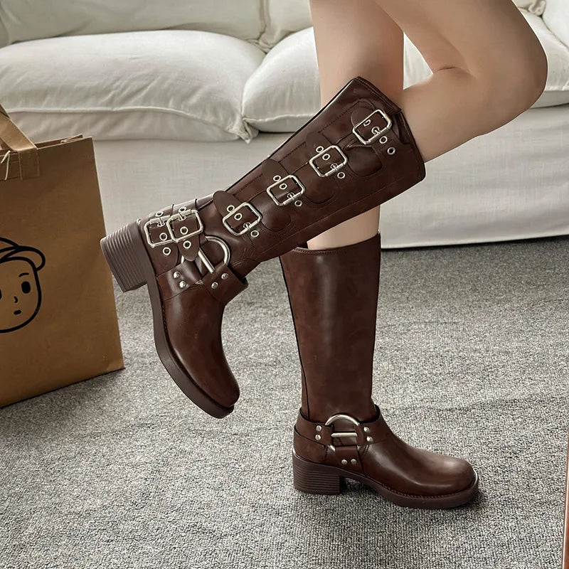Metal Buckle Square Toe Knee High Boots Women Black PU Leather Punk Long Boots Woman Autumn 2025 Chunky Heels Motorcycle Booties