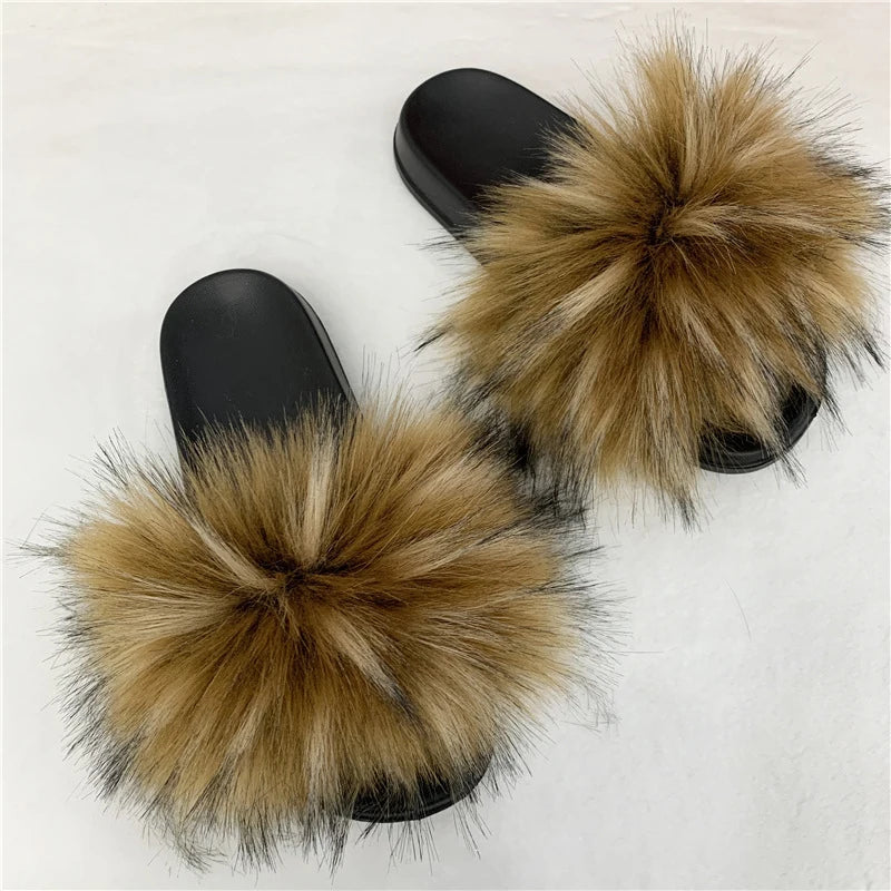 Ladies Fluffy Slippers Summer Women Faux Fur Soft Slides Stylish Open Toe Sandals Outdoor Indoor Furry Comfortable Beach Shoes