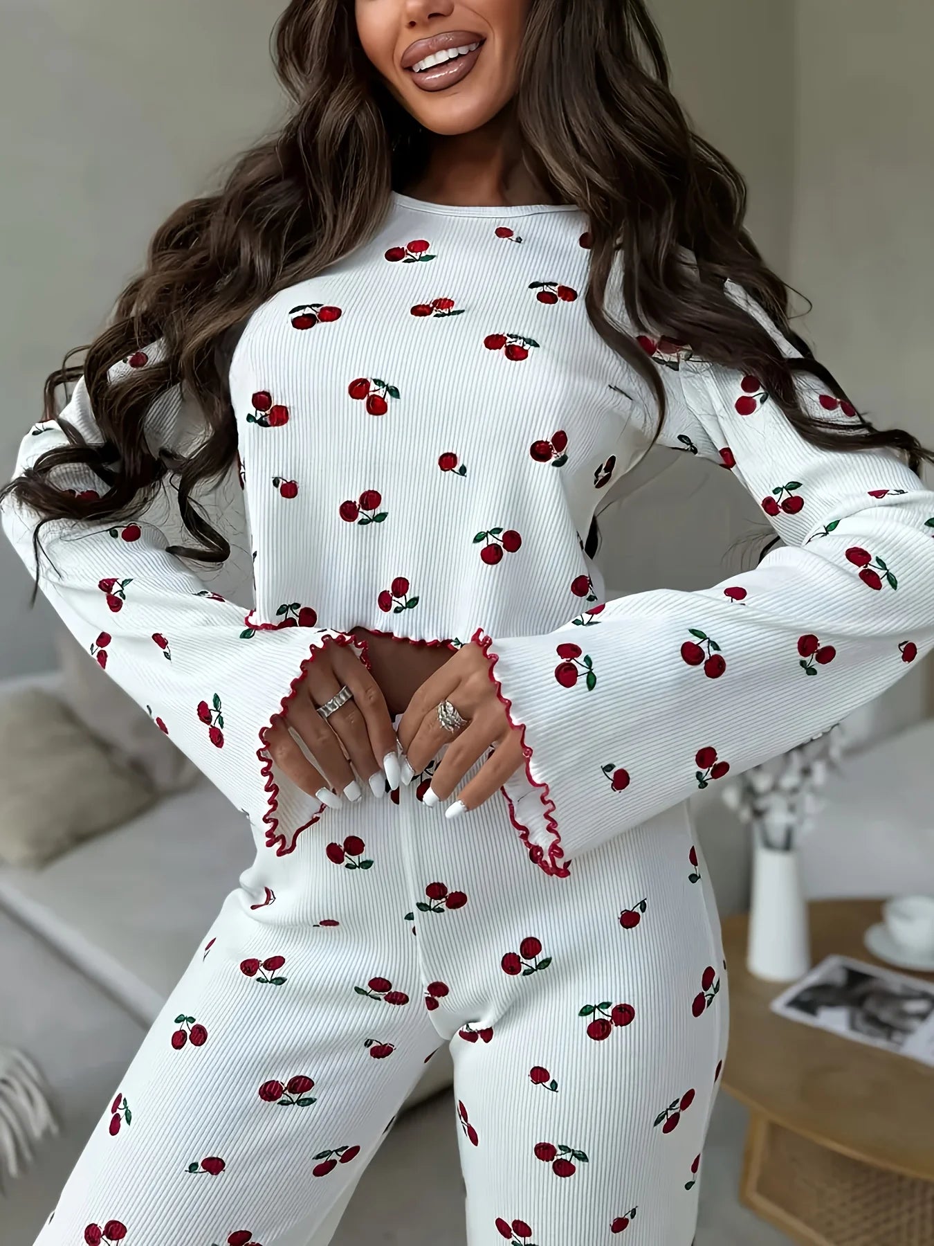 Autumn Winter Pajama Set Women 2pcs Y2K-Style Cherry Print Cuffed-Long-Sleeve Tops and Long Trousers Sleepwear Homewear