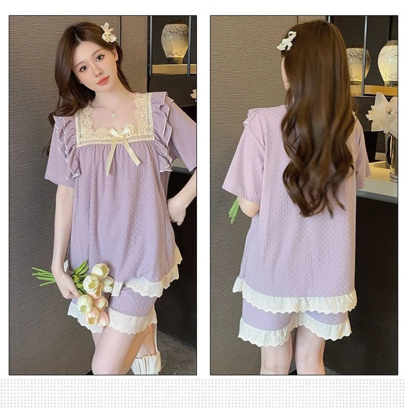 Gift for 5XL Plus Size Women Pajama Set Korean Style Cotton Nighties Summer Ruffle Short Sleeve Top and Shorts 2 Piece Sleepwear