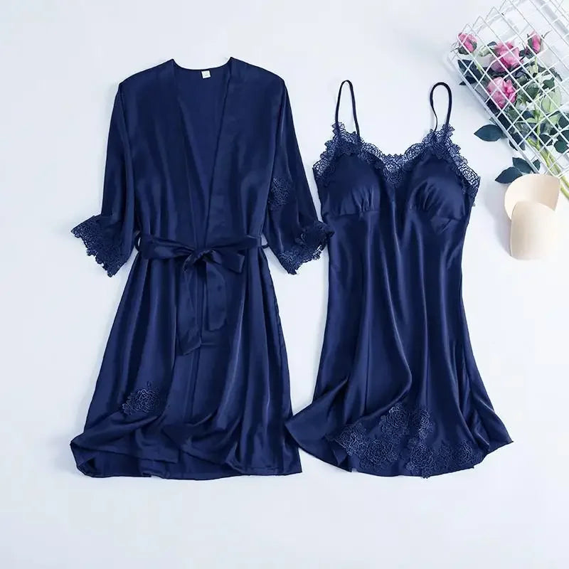 2PCS Pajamas Set White Women V-Neck Sleepwear M-XL Lace Kimono Sexy Nightshirts Flower Nightwear Robe Gown Sleep Suit Nightgown