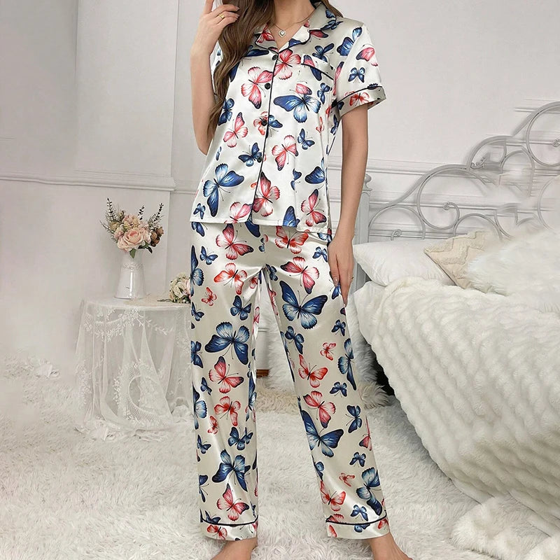 Women Pajamas Sets Spring Short Sleeve Satin Button-Down Top with Pants 2 Piece Pajama Set Sleepwear Pj Set Homewear Loungewear