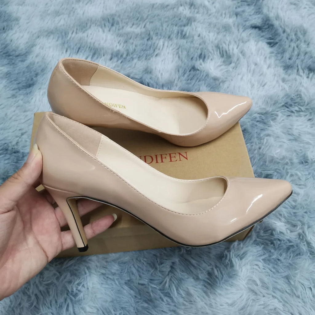13 Style Women's Large Pumps Classic Sexy Pointed Toe 9cm mid High Heels Women Pumps Faux Black red Office Party Wedding Shoes