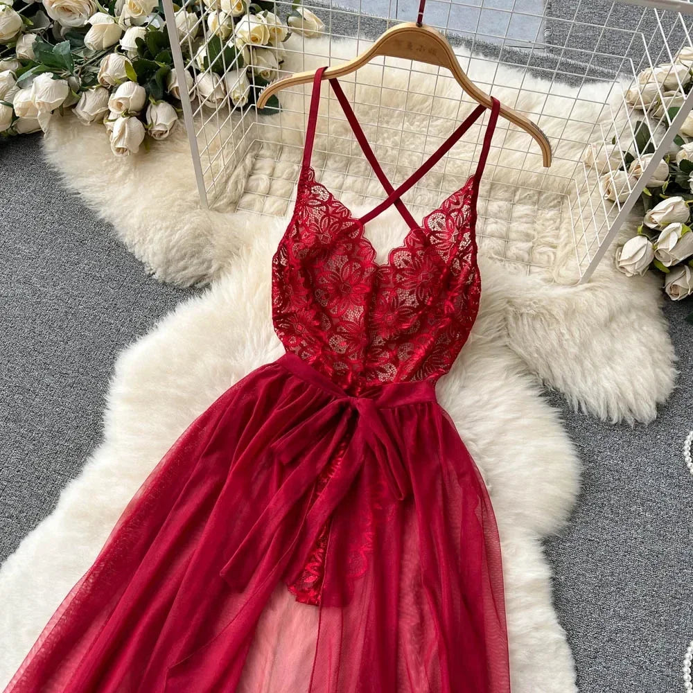 new Women's Multicolour Transpar Sexy Charming Flowing Mesh Long Skirt With Girls V-neck Lace Hollowed out Flower Top Two Pieces