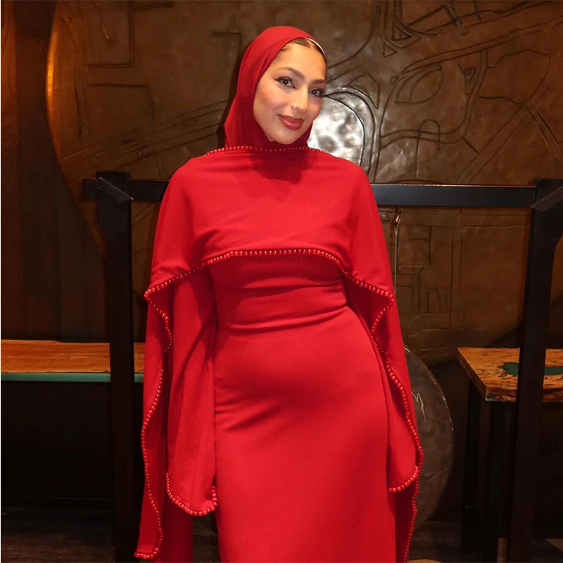 White Pearl Trim Cape Maxi Dress Women Elegant Long Sleeve Cinched Waist Muslim Robes 2026 Spring EID Abaya Lady Dresses