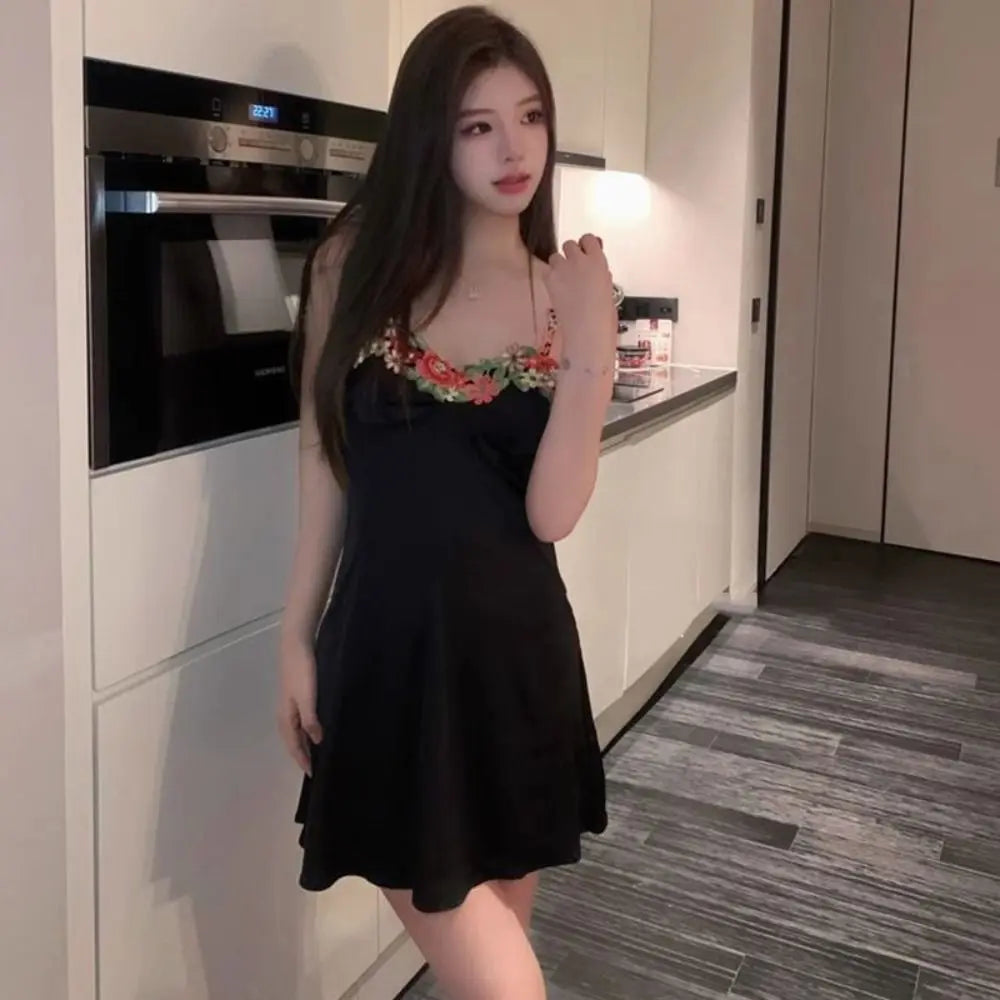 Flower Embroidery Women's Pajama Dress Sleeveless Thin Satin Silk Suspender Nightdress Sleepwear Beauty Back