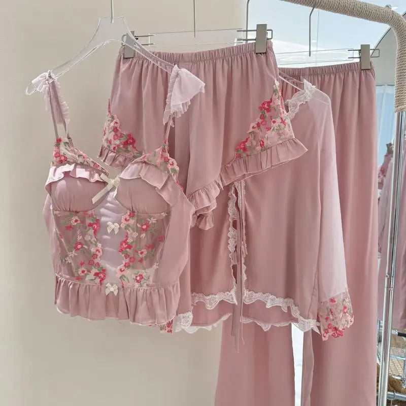 French Style Pink Lace Trim Home Clothes Ice Silk Sleepwear Hollow Out Lace Floral Nightwear Princess Sweet Pijama Mujer