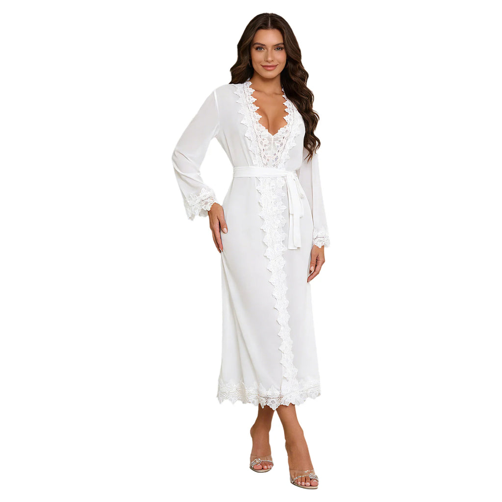Womens Floral Lace Nightgown Set Long Sleeve Sheer Mesh Robe with Backless Satiny Sling Dress Gown Belt for Bride Wedding Night