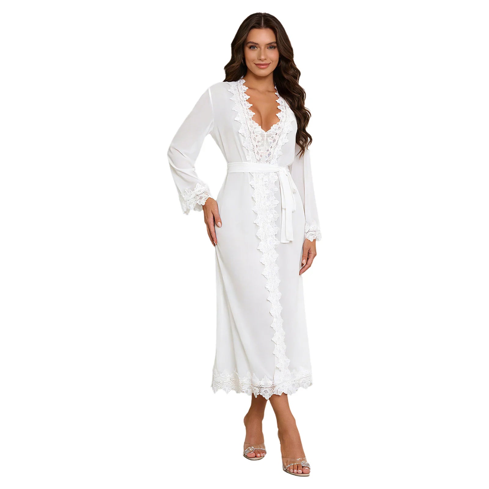 Womens Floral Lace Nightgown Set Long Sleeve Sheer Mesh Robe with Backless Satiny Sling Dress Gown Belt for Bride Wedding Night