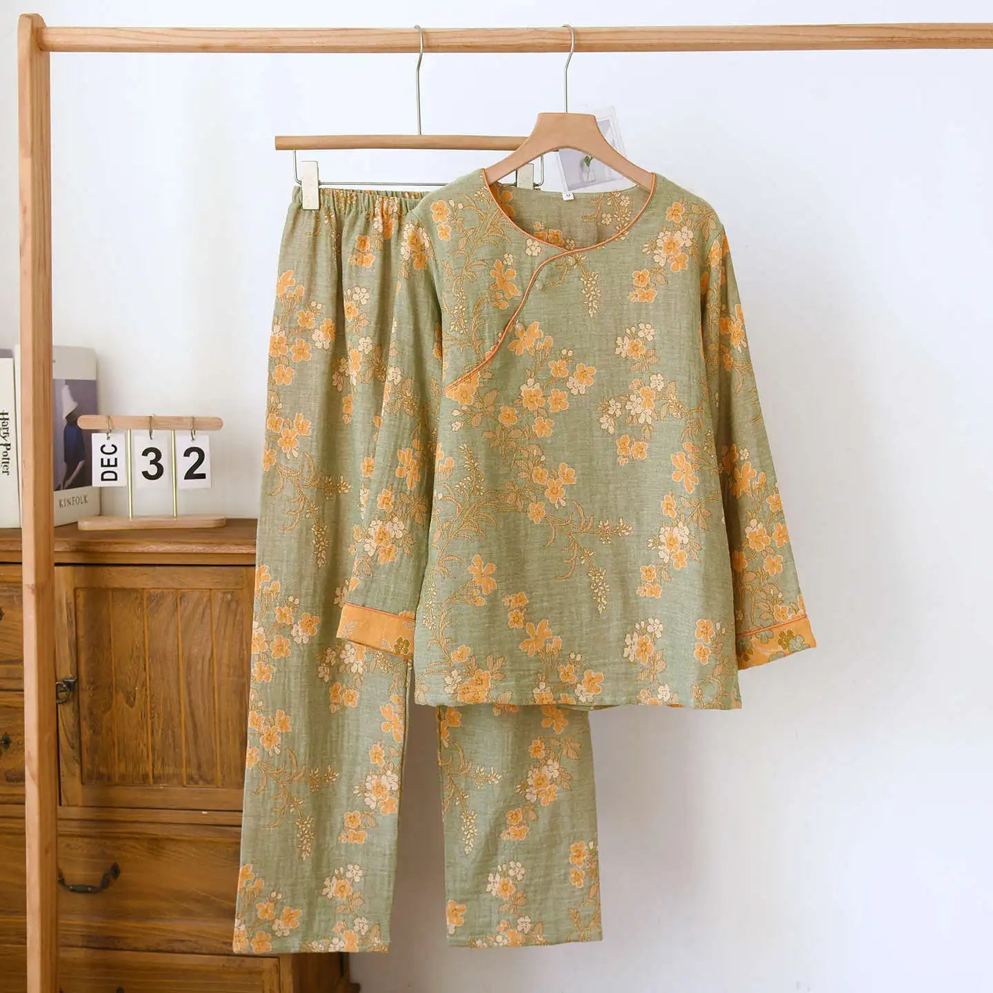 Round Neck Plum Blossom Printing Cotton Color Woven Homewear Women's Pajamas Set National Style Long Sleeve Long Trousers