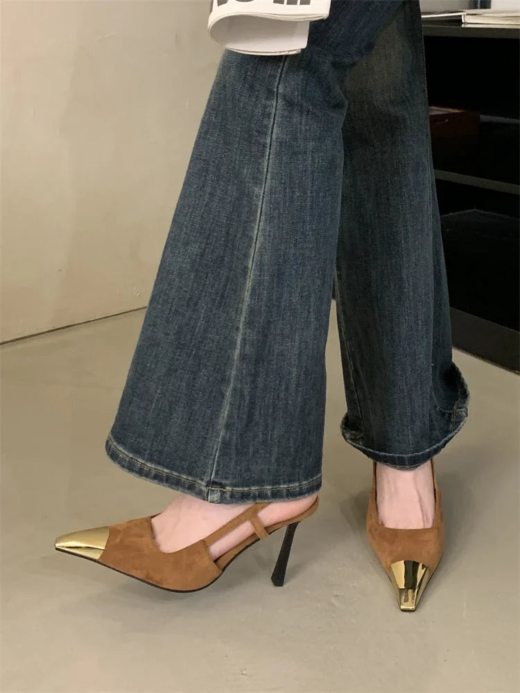 Eilyken Street Style Pointed Toe Women Pumps Fashion Slingbacks Thin High Heels Elegant Stripper Prom Ladies Sandals Shoes