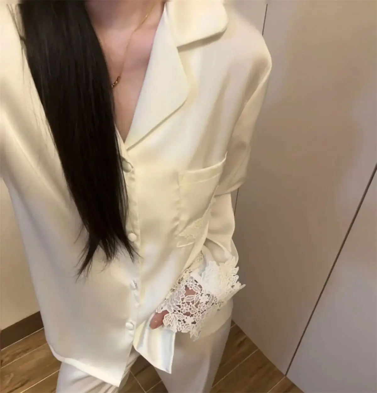 Female Pajamas Set White Satin Lace Trim Bride Wedding Sleepwear Gift Homewear Sexy Loose Long Sleeve Trouser Suit Loungewear
