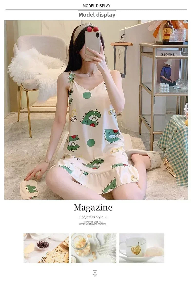 New with Bra Pad, Free Eye Mask, Sling, Loose and Cute Cartoon Animal Pajamas, Nightgown Role-playing Sleepwear Women