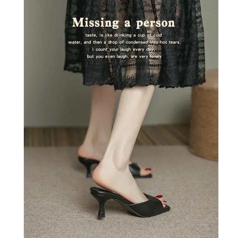 Genuine Leather French Slim Heel Slippers for Women's Summer New Fashionable Sandals Women Sweet Round Toe Slipper Ladies Shoes