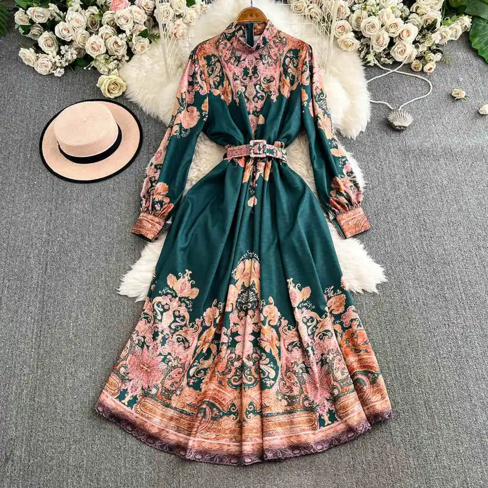 Spring Autumn Retro Palace Style Dress New French Printed Lantern Sleeve Stand Collar A-line Long Dress Femade C110