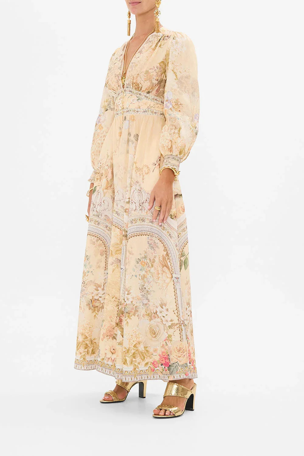 European and American New Arrival Hot Sale PrintingVCollar Long-Sleeved Bubble Sleeve Waist-Tied Summer New Women's Clothes
