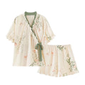 New Chinese Style Lace Up Pajama Suit Flower Reffle Shorts Sleeve Nightwear Women Homewear Loose Two Pieces Sleepwear Sets Home