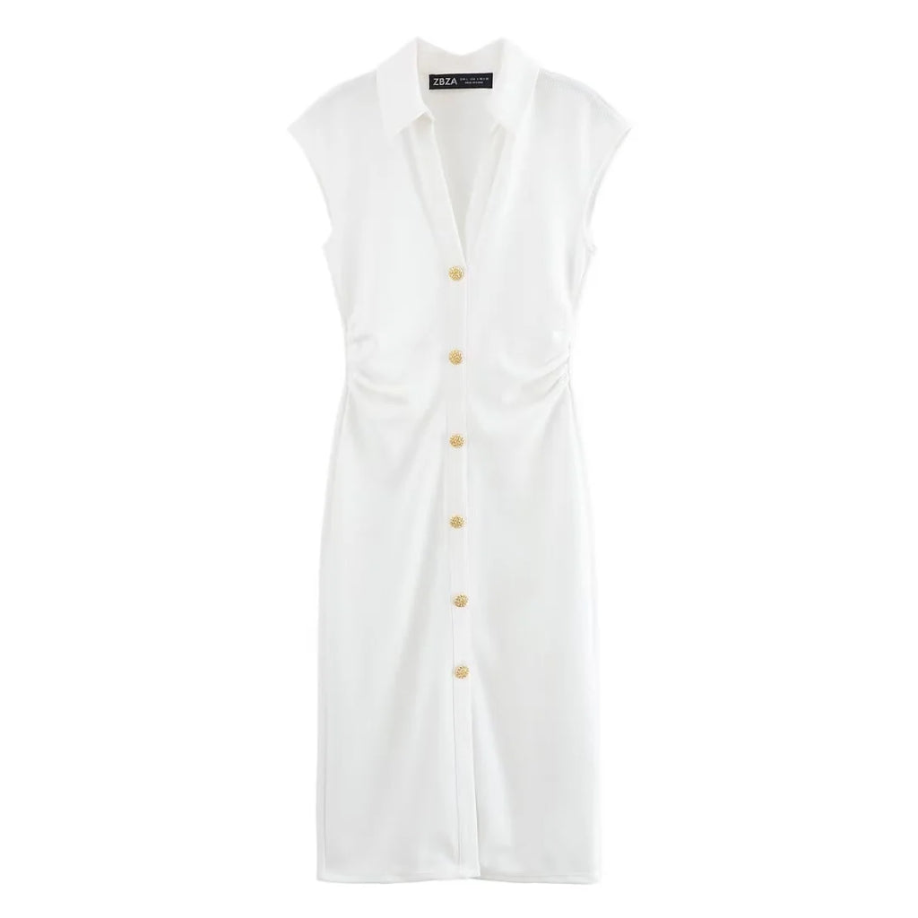 BSAY Dress for Women Fashion Summer New Fold Sleeveless V-neck Single Breasted Midi Dresses French Chic Female Evening Clothing