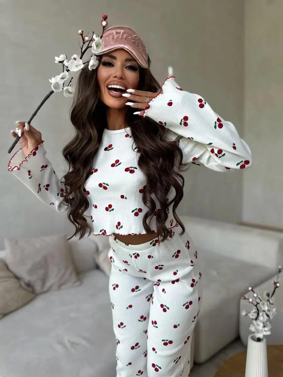 Autumn Winter Pajama Set Women 2pcs Y2K-Style Cherry Print Cuffed-Long-Sleeve Tops and Long Trousers Sleepwear Homewear