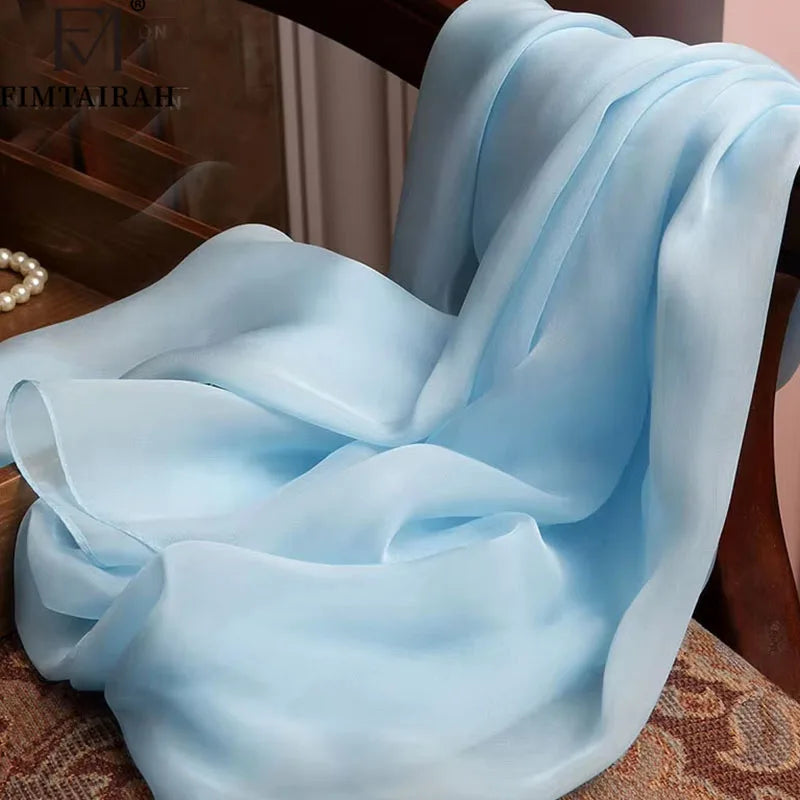 Fimtariah  Sky blue 100% Real Silk Scarf Women   Silk chiffon Scarf   Hangzhou long silk scarf solid color silk scarf