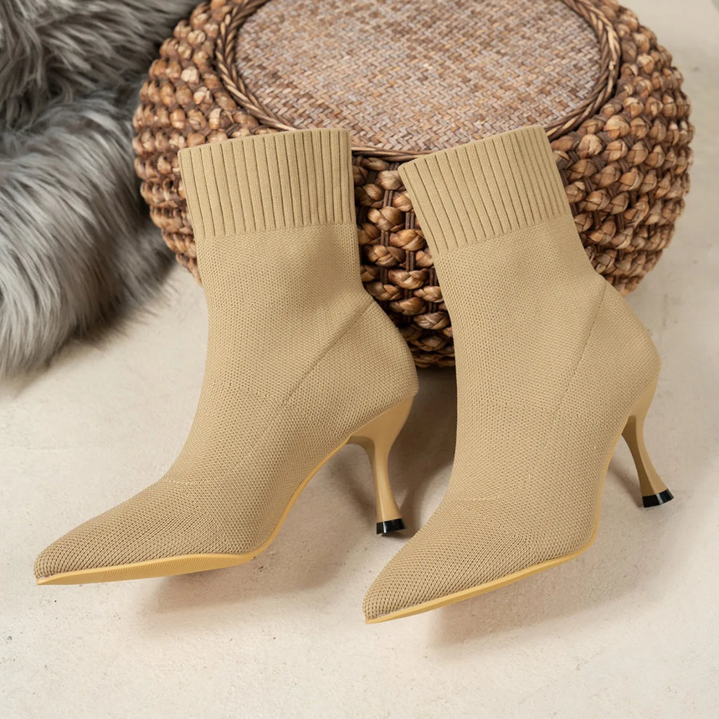 Spring Autumn Women Ankle Boots Slip-On Green Chelsea Boots Women Luxury Stretch Fabric Women Socks Shoes Pointed Toe High Heels