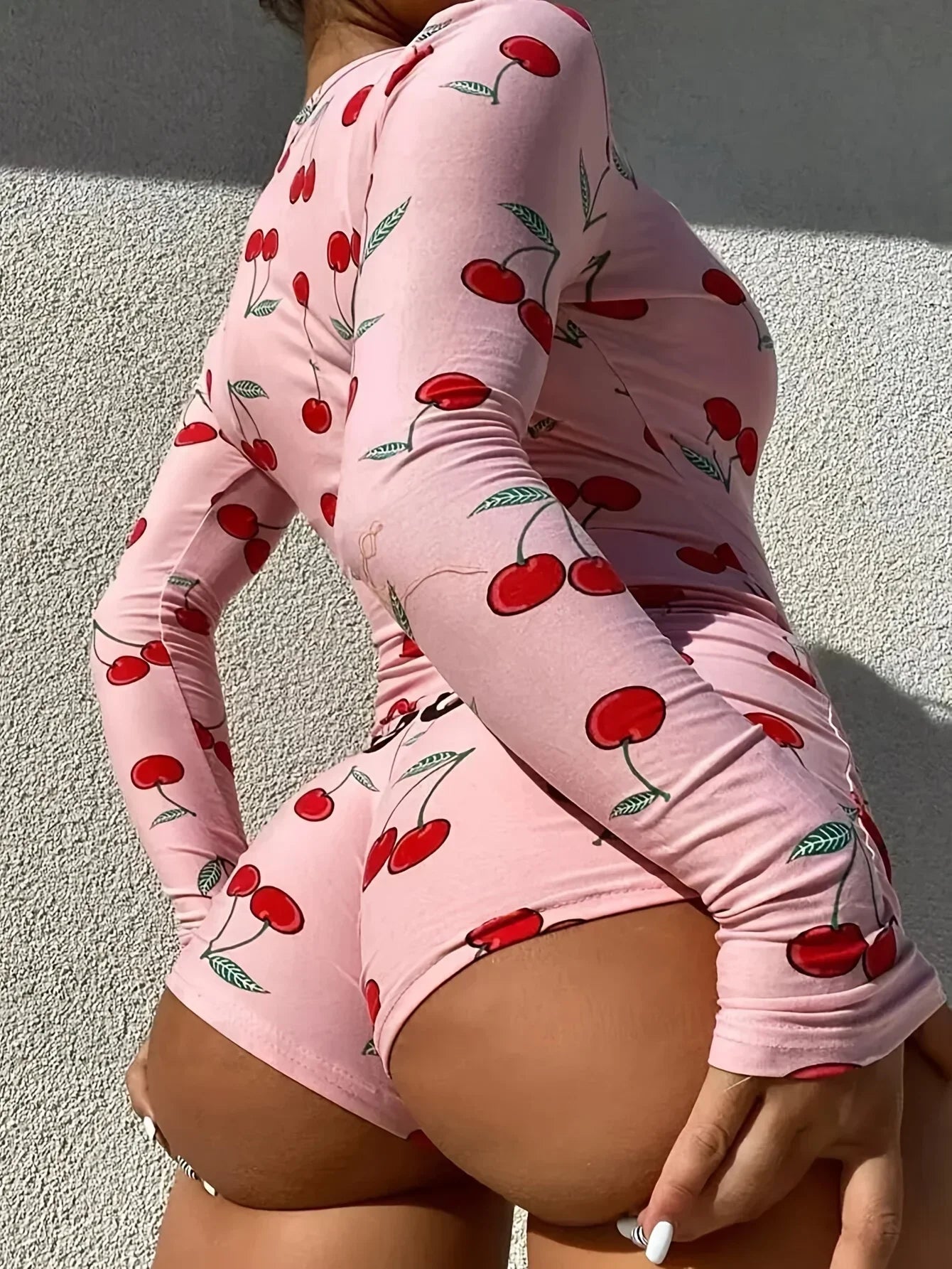 Sexy Onesies Pajamas For Women Bodysuit Casual Cherry Print V-neck Front Button Long Sleeve Slim Fit Jumpsuit Sleepwear