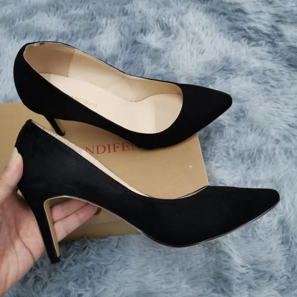 13 Style Women's Large Pumps Classic Sexy Pointed Toe 9cm mid High Heels Women Pumps Faux Black red Office Party Wedding Shoes