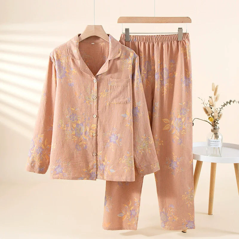 Pure Cotton Pajama Sets Autumn sleepwear Button Down Tops And Trousers Set Floral Nightwear Loungewear Suit Pijama Pyjama
