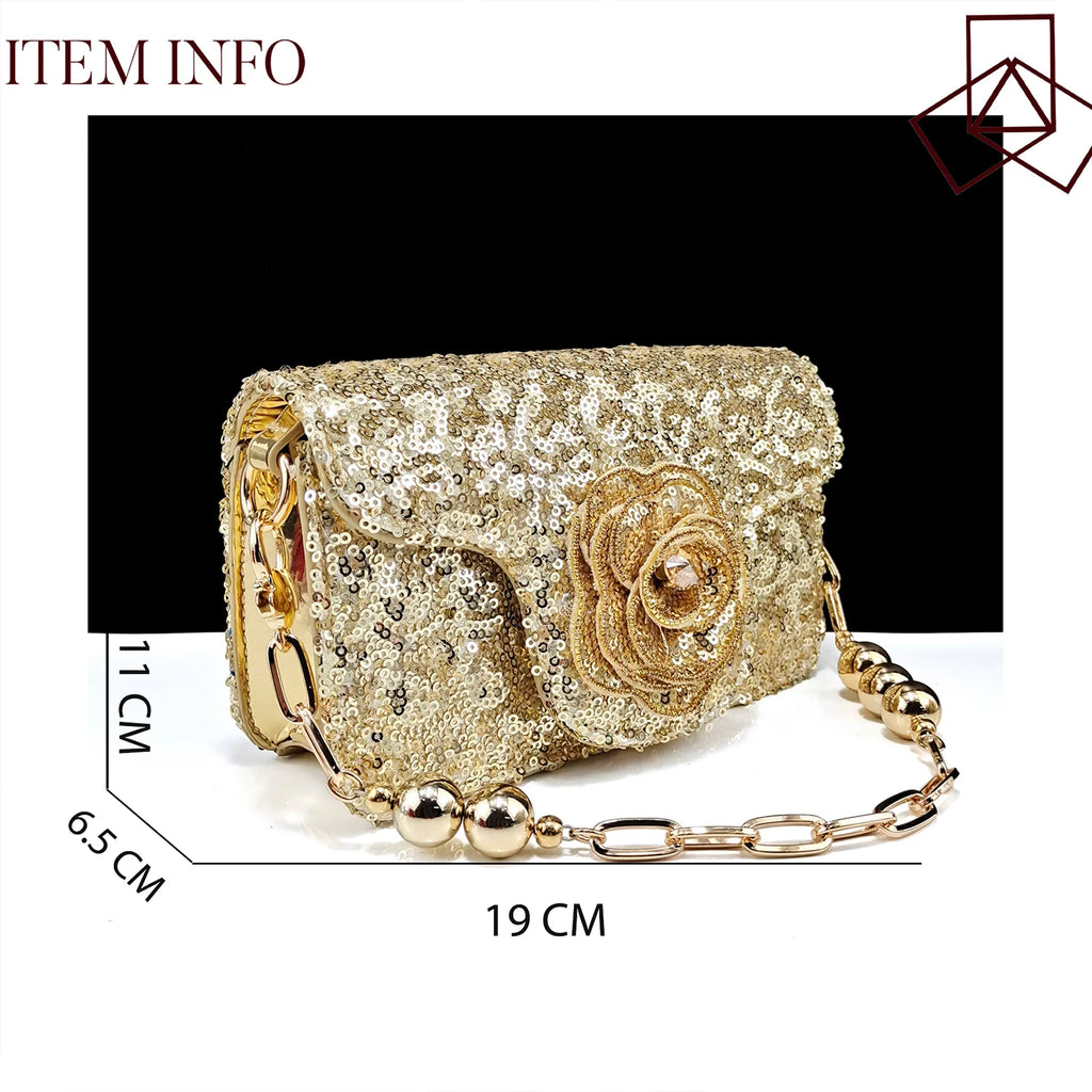 QSGFC Shiny Gold Color Shoes and Bag Elegant Handbags and Medium Heel Shoes Beautiful Handmade Flowers For Wedding Party