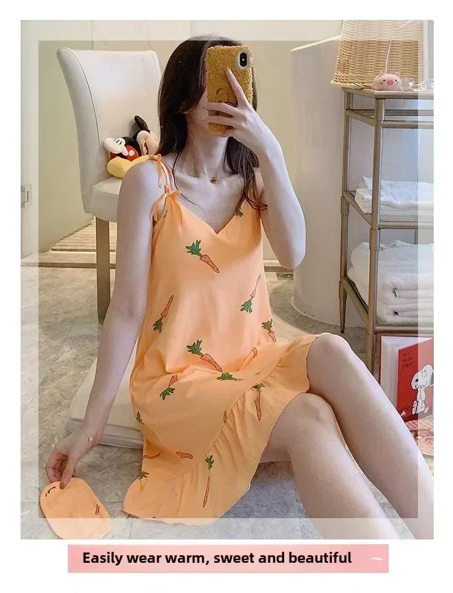 New with Bra Pad, Free Eye Mask, Sling, Loose and Cute Cartoon Animal Pajamas, Nightgown Role-playing Sleepwear Women