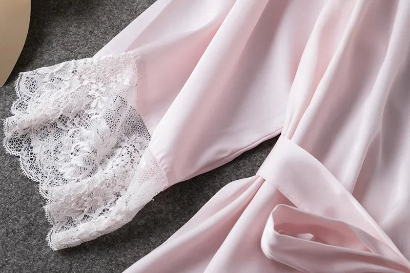2PCS Pajamas Set White Women V-Neck Sleepwear M-XL Lace Kimono Sexy Nightshirts Flower Nightwear Robe Gown Sleep Suit Nightgown