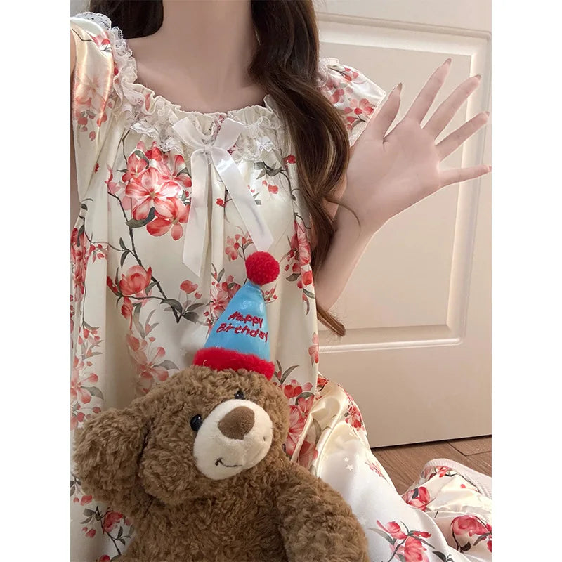 Ice Silk Satin Pajamas Women's Korean Summer Nightgown with Chest Pads Sweet Lace Ruffle Sleeved Long Dress Floral Loungewear