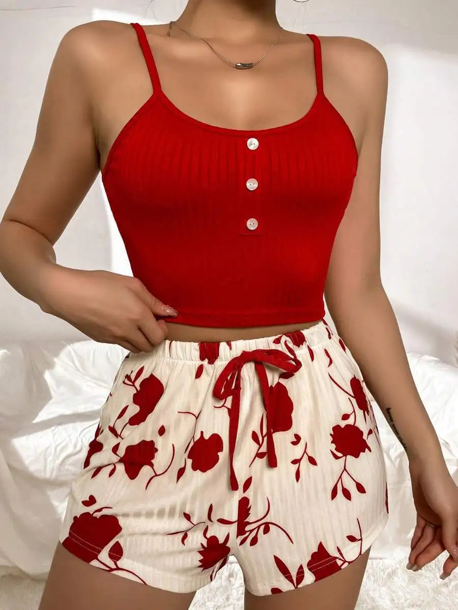 New Women Cami Pajama Set Y2K Vacation Sleepwear 2 Piece Outfit Crop Tops and Floral Print Shorts Fashion Loungewear Set