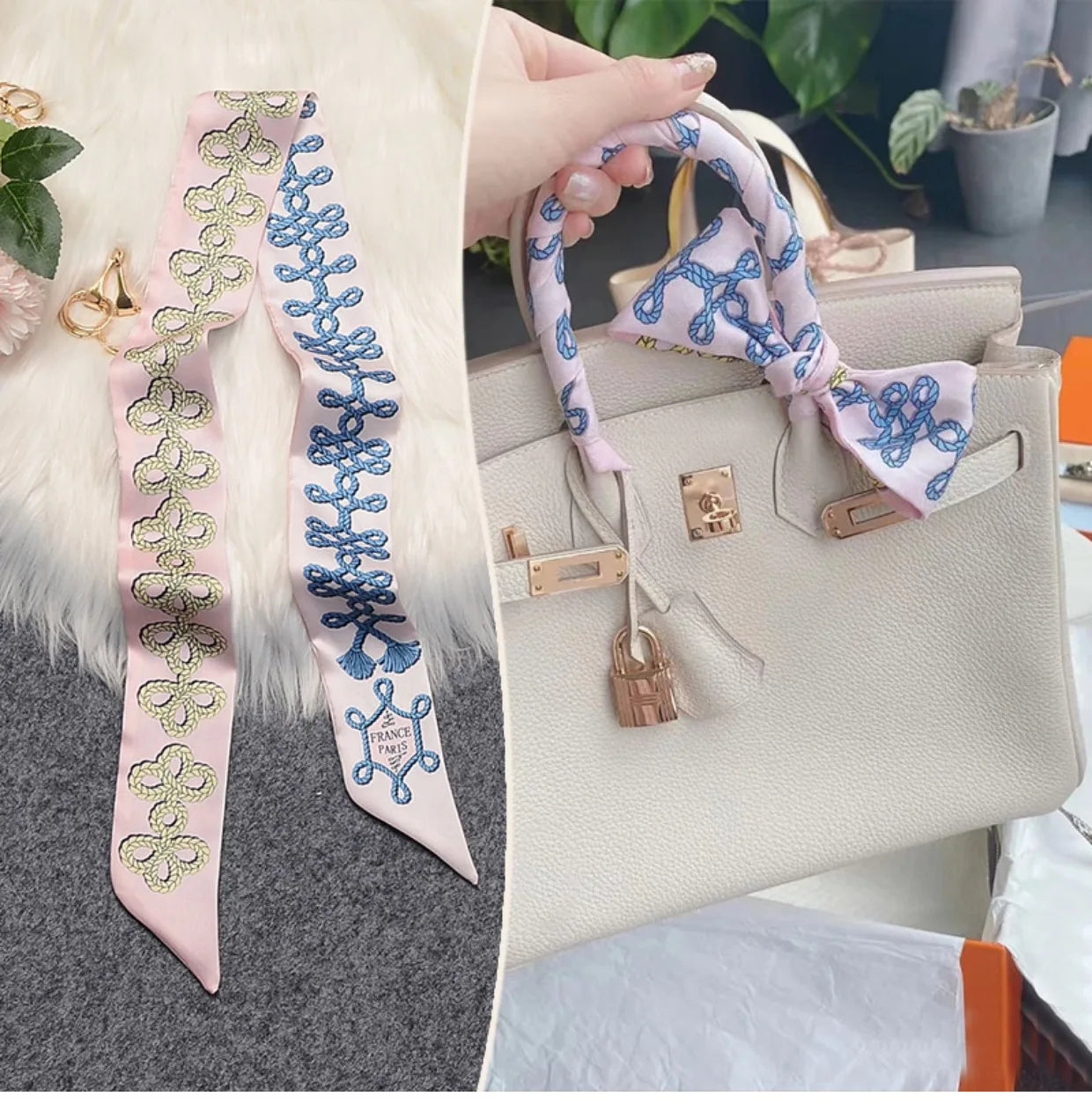 New 2025 simulated silk wrapped bag strap bag handle silk scarf tied bag ribbon decorative small streamer