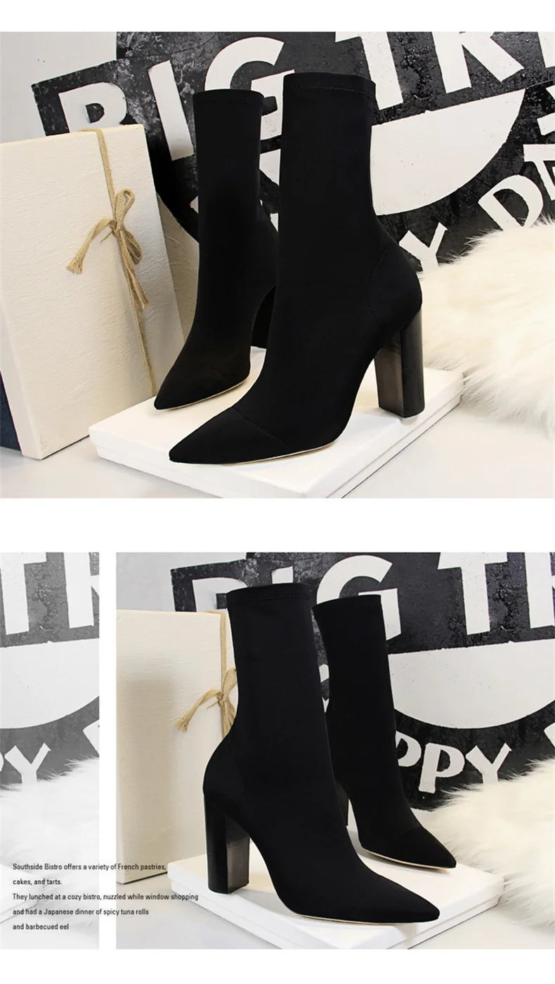 Mid-Calf Boots 2024 New Women Stretch Sock Boots Chunky Block Heels High Heels Silk Shoes Solid Color Short Boots Autumn 3129-3