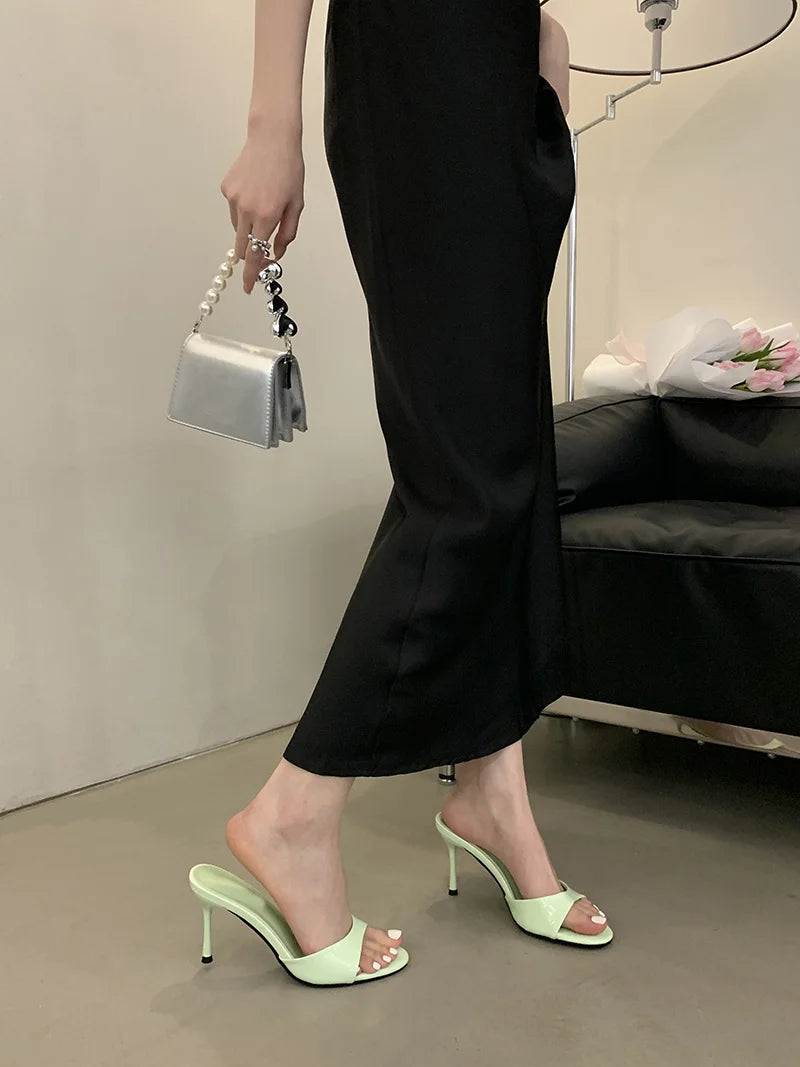 Liyke Wine Red Patent Leather Women Slippers Sandals Fashion Round Open Toe Thin High Heels Mules Slides Summer Party Dress Shoe
