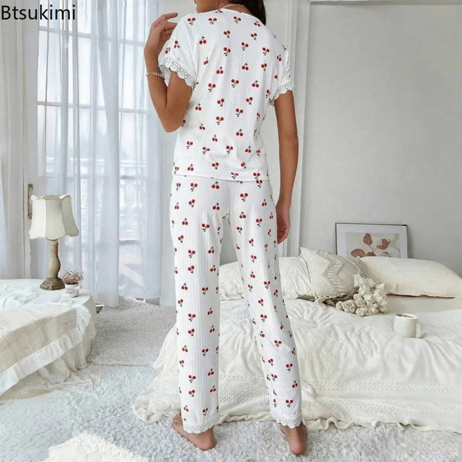 Lace Trim Women Pajama Set Short Sleeve Front Button Top & Full-Length Pants Cherry Print 2 Pieces Sleepwear Nightwear Homewear