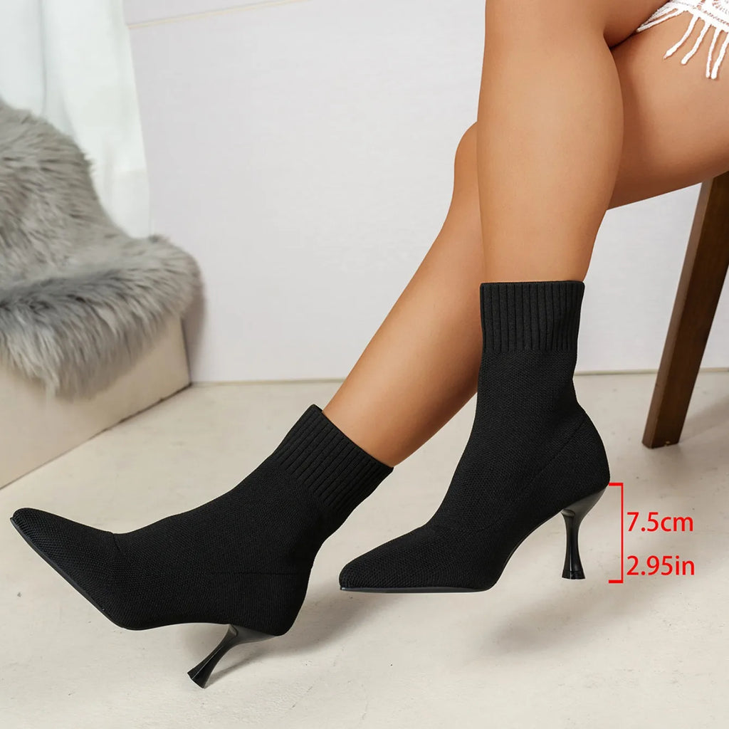 Spring Autumn Women Ankle Boots Slip-On Green Chelsea Boots Women Luxury Stretch Fabric Women Socks Shoes Pointed Toe High Heels