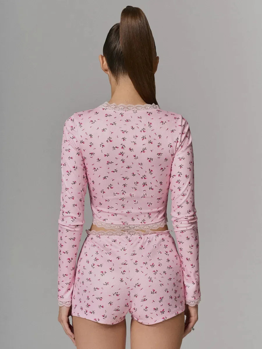 Sexy Womens Floral Print Pajamas Set Summer Long Sleeve Top And Shorts Sleepwear 2 Piece Set For Women Home Casual Skinny Suit