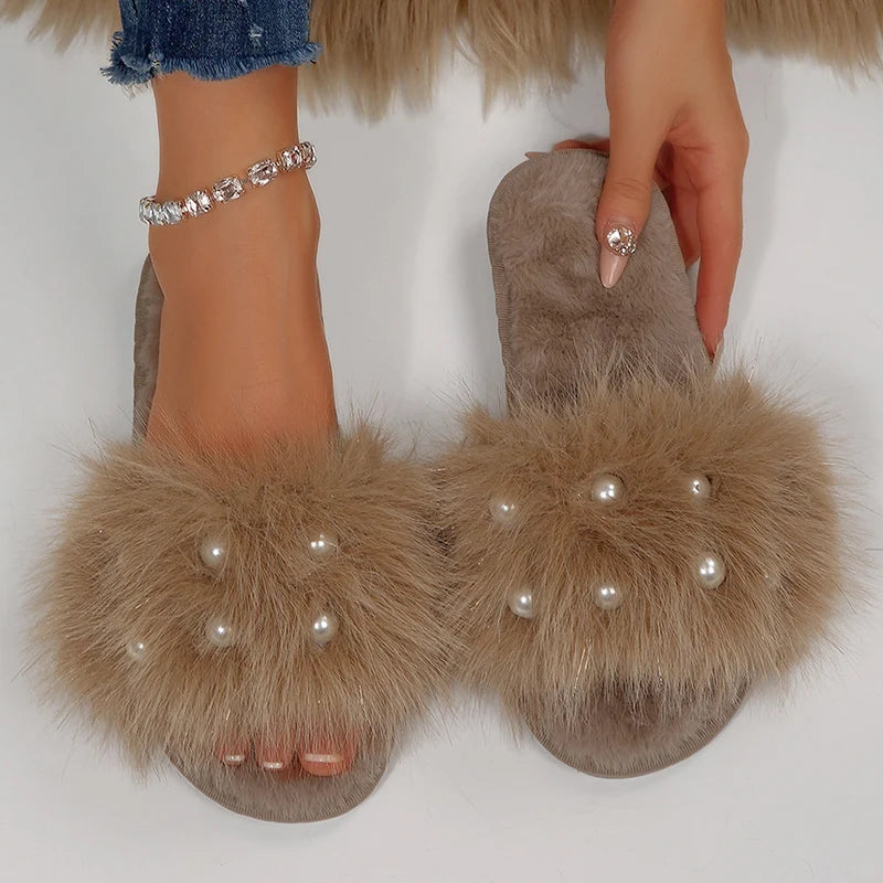 Elegant Pearls Cotton Slippers Women 2025 Winter Indoor Plush Home Slides Woman Open Toe Soft Sole Cotton Slippers Ladies