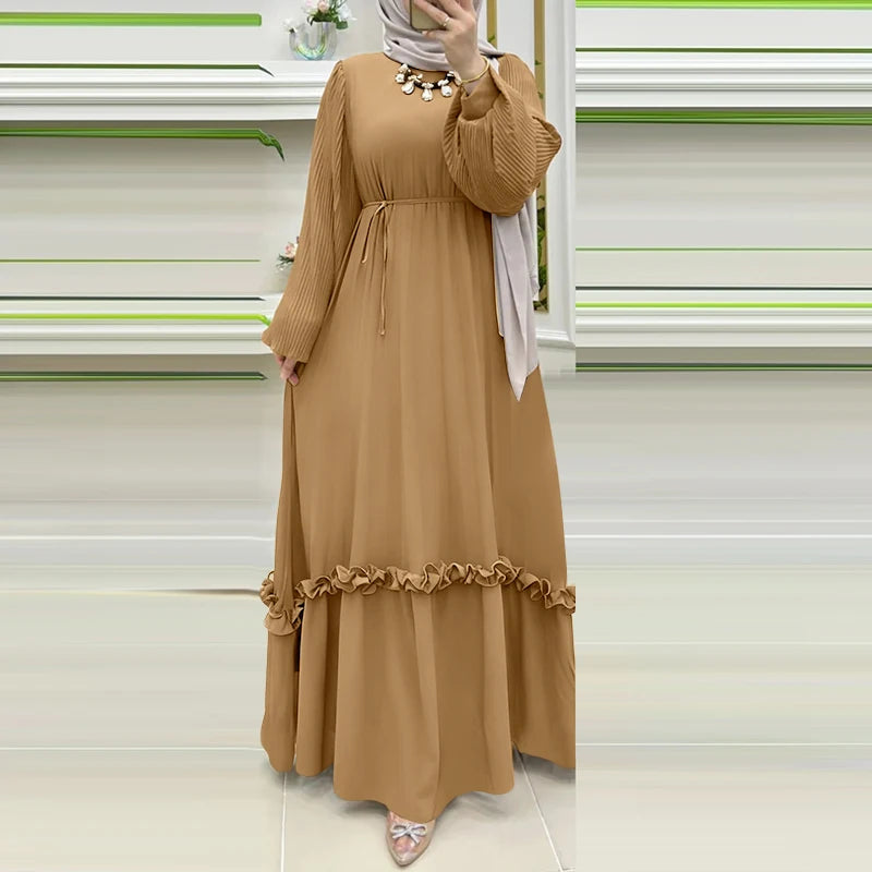 ZANZEA Modest Hijabs Abaya Long Dresses Women Muslim Ramadan O-Neck Pleated Lantern Sleeve Solid Color Ruffles A-Line Robes 3XL