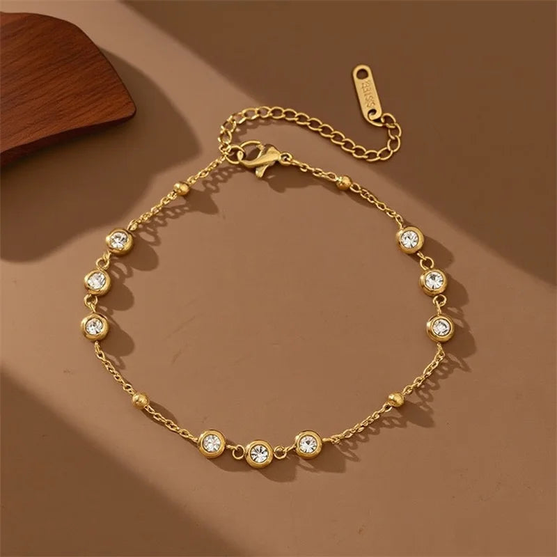GANEMLY 316L Stainless Steel Round Sparkling Zirconia Bracelet For Women Fashion Fine Wrist Chain Waterproof Jewelry Lady Gift