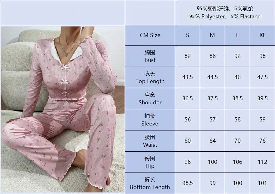 Y2K Cute Floral Ribbed Pajama Set Womens Long Sleeve V Neck Two Piece Sleepwear Homewear Autumn Winter Bow Lettuce Trim New Hot